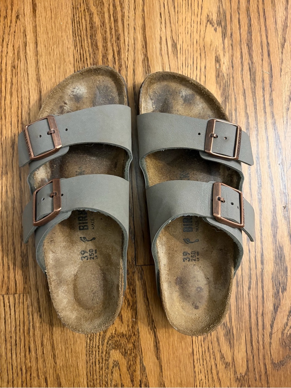 Birkenstock Two-Strap Sandals in Olive Green with Copper Buckles